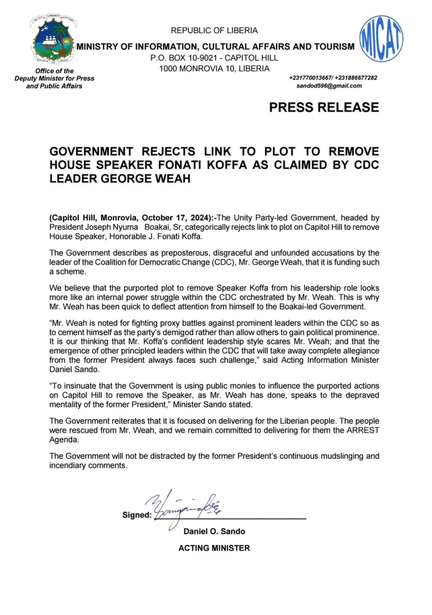 Government Rejects Weah’s Allegations in Plot to Oust Speaker Koffa
