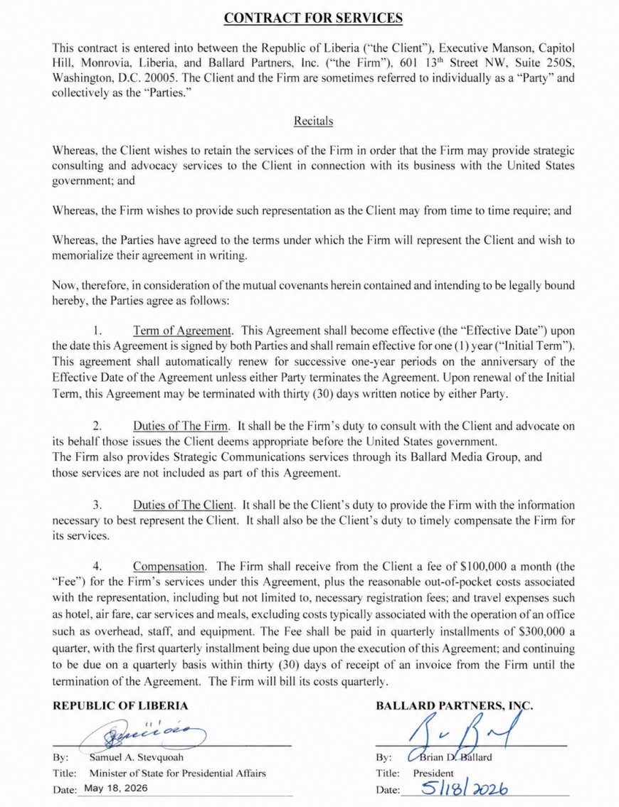 Liberia Signs $1.2 Million Annual Lobbying Contract with Washington Firm Ballard Partners