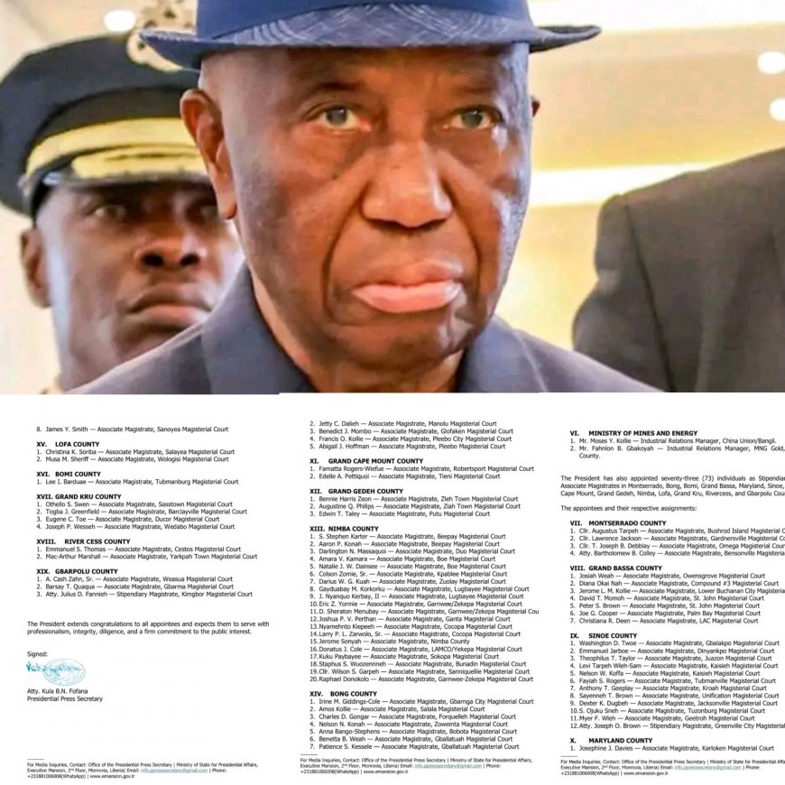 BOAKAI SHAKES UP GOVERNMENT, APPOINTS 73 MAGISTRATES AND KEY OFFICIALS ACROSS LIBERIA